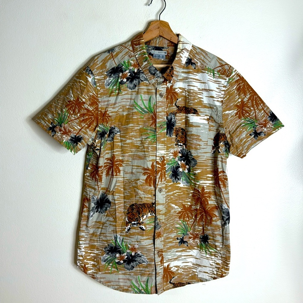 Vtg rusty mens cotton button down tiger all over print surfer retro shirt size L